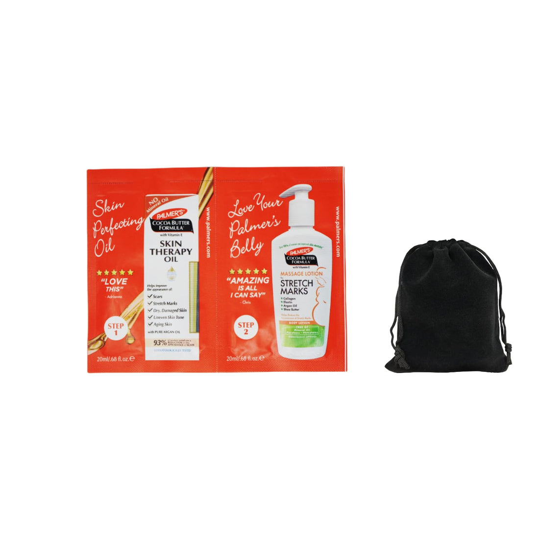 Palmer's Cocoa Butter Formula Skin Therapy Oil and Massage Lotion for Stretch Marks, Travel Pack, 0.68 FL OZ, Intensive Hydration, Skin Elasticity, Pregnancy Safe, Paraben-Free, 30 CT, W/Travel Pouch