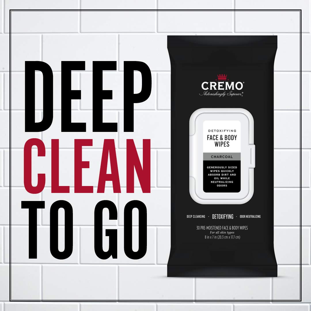 Cremo Activated Charcoal Detoxifying Face & Body Wipes, A Fresh Scent with Notes of Fig, Citrus