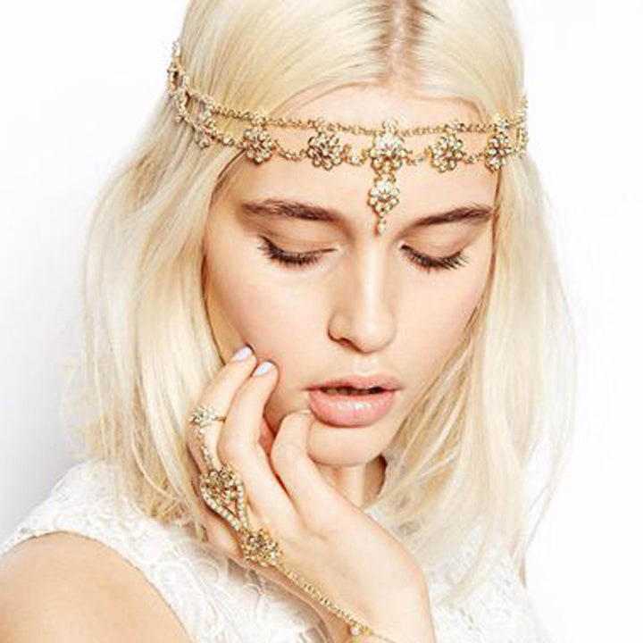 Kercisbeauty Boho Lace Hollow Out Flower with Freshwater Pearl Pendant Kercisbeauty Boho Vintage Multi Layer Hand of Fatima Pendant Head Chain Headband Head piece Hair Vine Hoop For Prom Banquet Feast