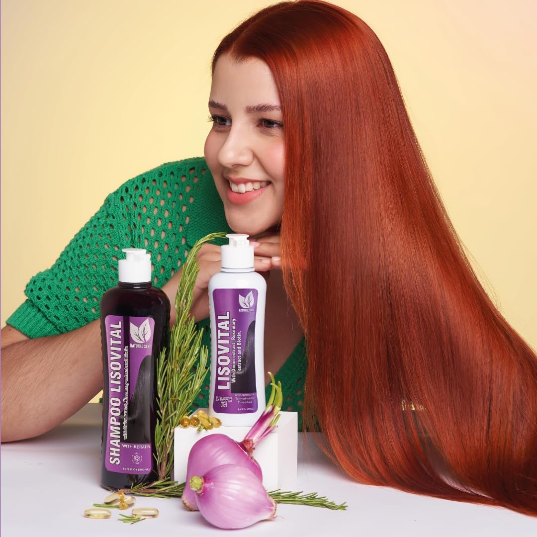 Natural Sant - Liso Vital duo kit - Shampoo & Leave-In Conditioner, Anti Frizz, Heat Protectant for Hair with Red onion extract, Biotin & Rosemary