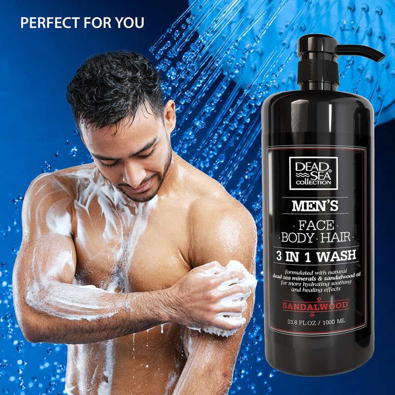 Dead Sea Collection Mens Body Wash 3 in 1 – Sandalwood Body Wash for Men – Shower Gel – Shampoo – Shower Soap for Face and Hair (33.8 Fl. Oz)