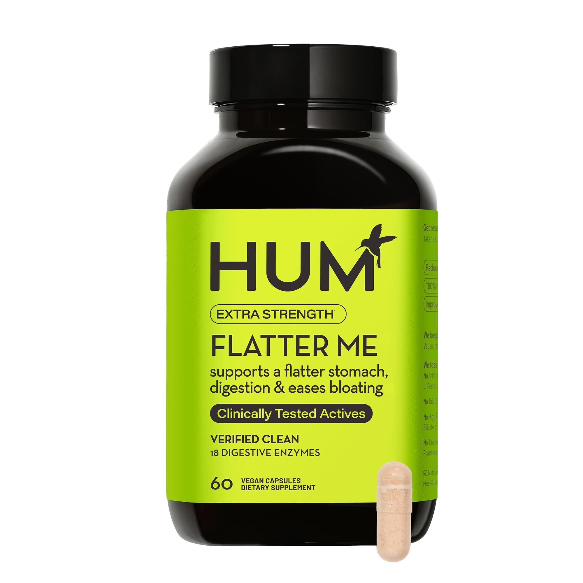 HUM Flatter Me Extra Strength Digestive Enzymes - Fast-Acting Bloat Relief for Digestive Health & Debloating Multi Enzyme, Vegan, 60 Servings