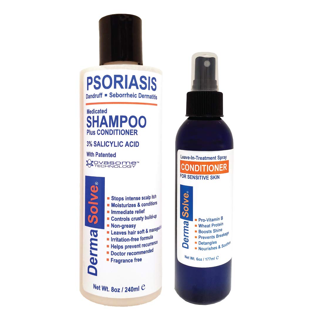 Psoriasis Shampoo and Leave-In Styling Spray Conditioner (Combo Pack) | Detangler for Sensitive Skin, Soothing Anti Dandruff, De-Flake, Dry Scalp Treatment for Seborrheic Dermatitis & Damaged Hair