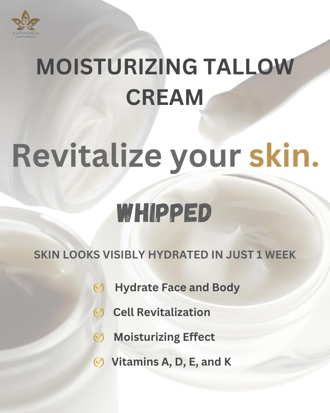 Euphoria Luxury Cosmetics Beef Tallow for Skin Care -100% Grass Fed- Whipped Moisturizer for Face and Body - 100% Natural Lotion for Sensitive Skin Vanilla Bean Latte - 4 FL. oz.