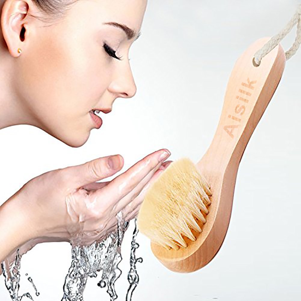 Aisilk 2pcs Natural Bristle Wood Handle Face Facial Skin Scrub Cleaner Cleansing Brush