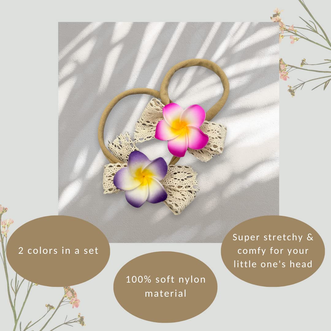All Things Lani 2 Pack Handmade Hawaiian Plumeria Flower Headband for Babies Baby Girls (Lilac + Dawn Pink)