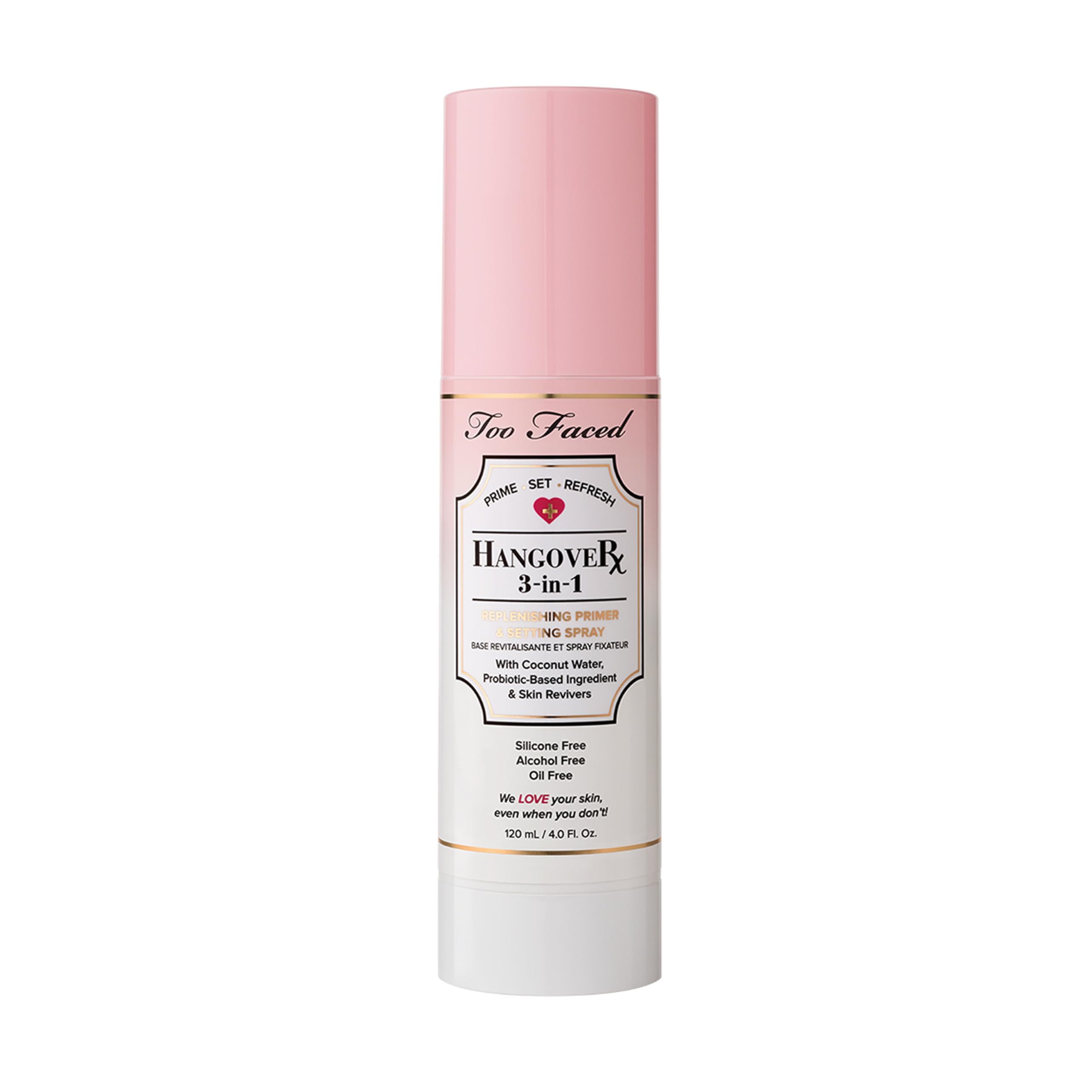 Too Faced Hangover 3-in-1 Primer & Setting Spray | Long Lasting + Hydrating, 4.1 Fl Oz, Clear