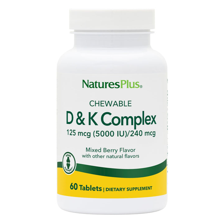 Natures Plus D & K Complex - 60 Mixed Berry Chewables - Supports Calcium Metabolism - Vegetarian, Non-GMO, Gluten Free, Soy Free - 60 Servings