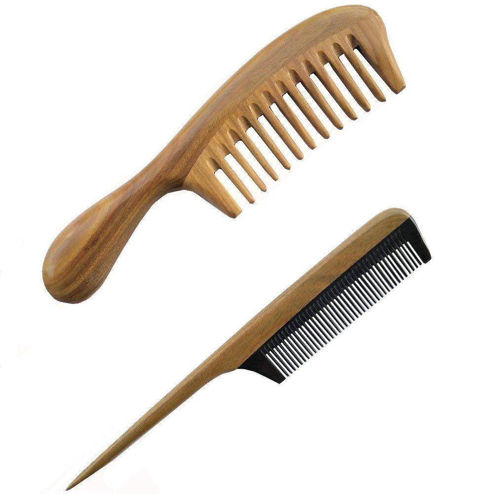 Aguder Sandalwood Wood Comb No Static Handmade Wide Tooth Comb and Fine Tooth Teasing Tail Comb Natural Buffalo Horn Teeth Comb Wooden Comb Set