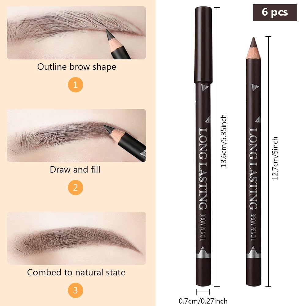 FeiCuiYun 6Pcs Wooden Hard-Core Dark Brown Eyebrow Pencils Set, Eyebrow and Eyeliner Pencils, Long Lasting Waterproof and Sweat-Proof, Beginner Makeup Eyebrow Penci, Create a Natural Brow Makeup