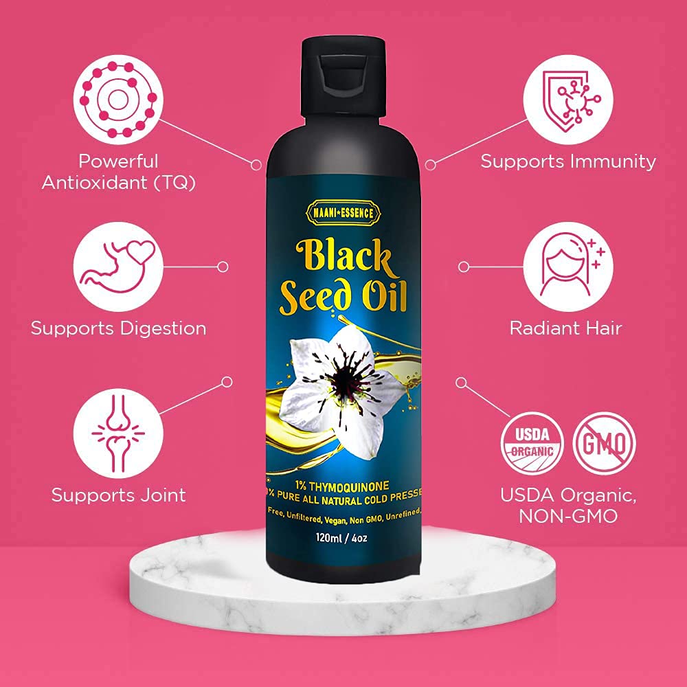 Maani ETHIOPIA'S FINEST Black Seed Oil 100% Pure Cold Pressed Ethiopian Premium Seeds Cumin All Natural Nigella Sativa Kalonji Herbal Edible Blackseed 2.79% Thymoquinone TQ (4oz / 120ml)