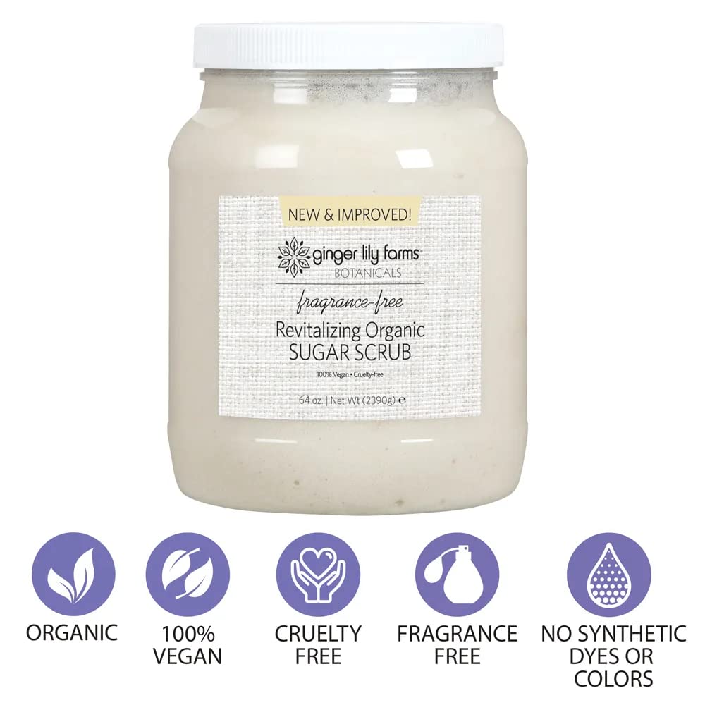 Ginger Lily Farms Botanicals Revitalizing Organic Sugar Scrub, All-Natural Skin Exfoliating Sugar Crystals, 100% Vegan & Cruelty-Free, Fragrance-Free, 64 oz.
