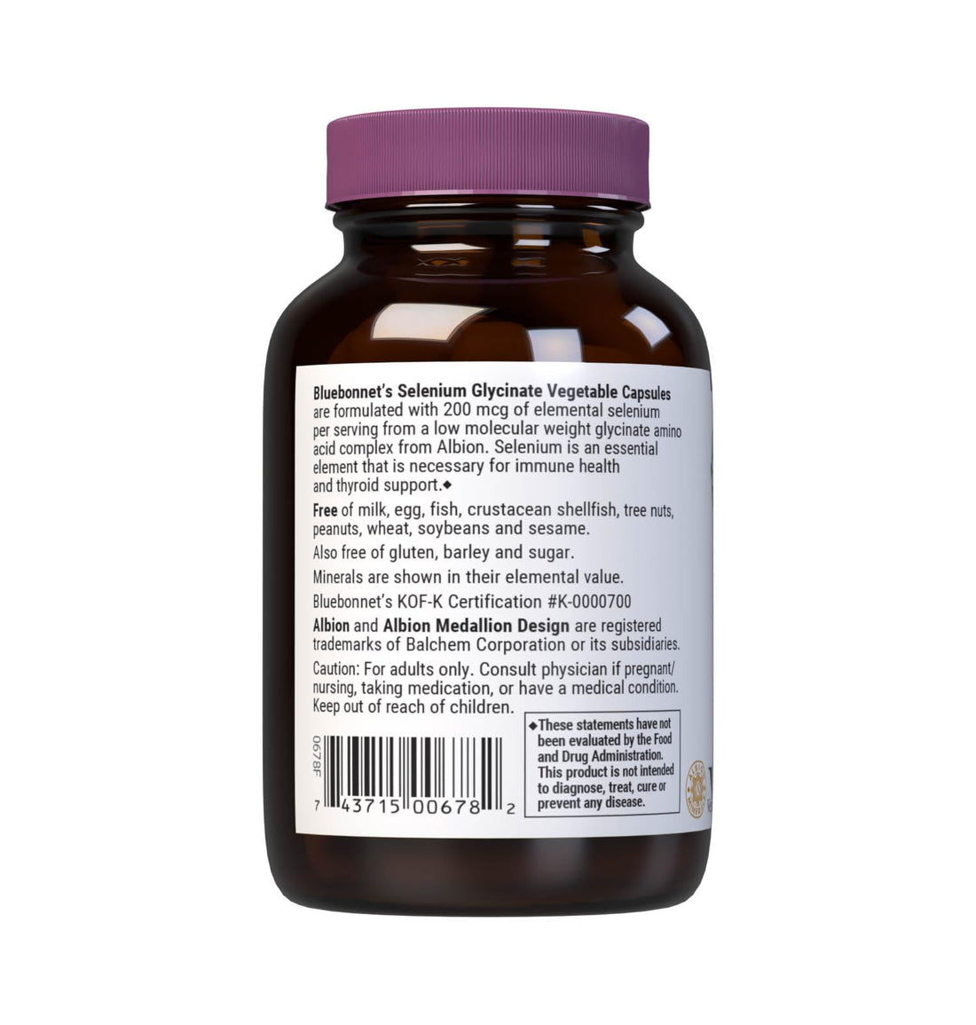 Bluebonnet Nutrition Albion Selenium Glycinate, Immune Health*, Thyroid Health*, Soy-Free, Gluten-Free, Non-GMO, Kosher Certified, Dairy-Free, Vegan, 90 Vegetable Capsules, 90 Servings