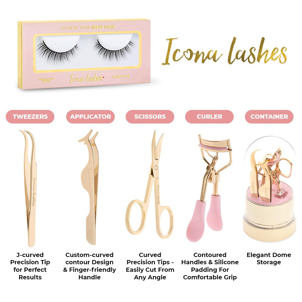 False Eyelash Tool Kit | Lash Applicator, Tweezers, Scissors & Lash Curler | 24k Gold Plated Surgical Grade Stainless Steel | 4 Tools, Beautifully Gift Boxed by Icona Lashes