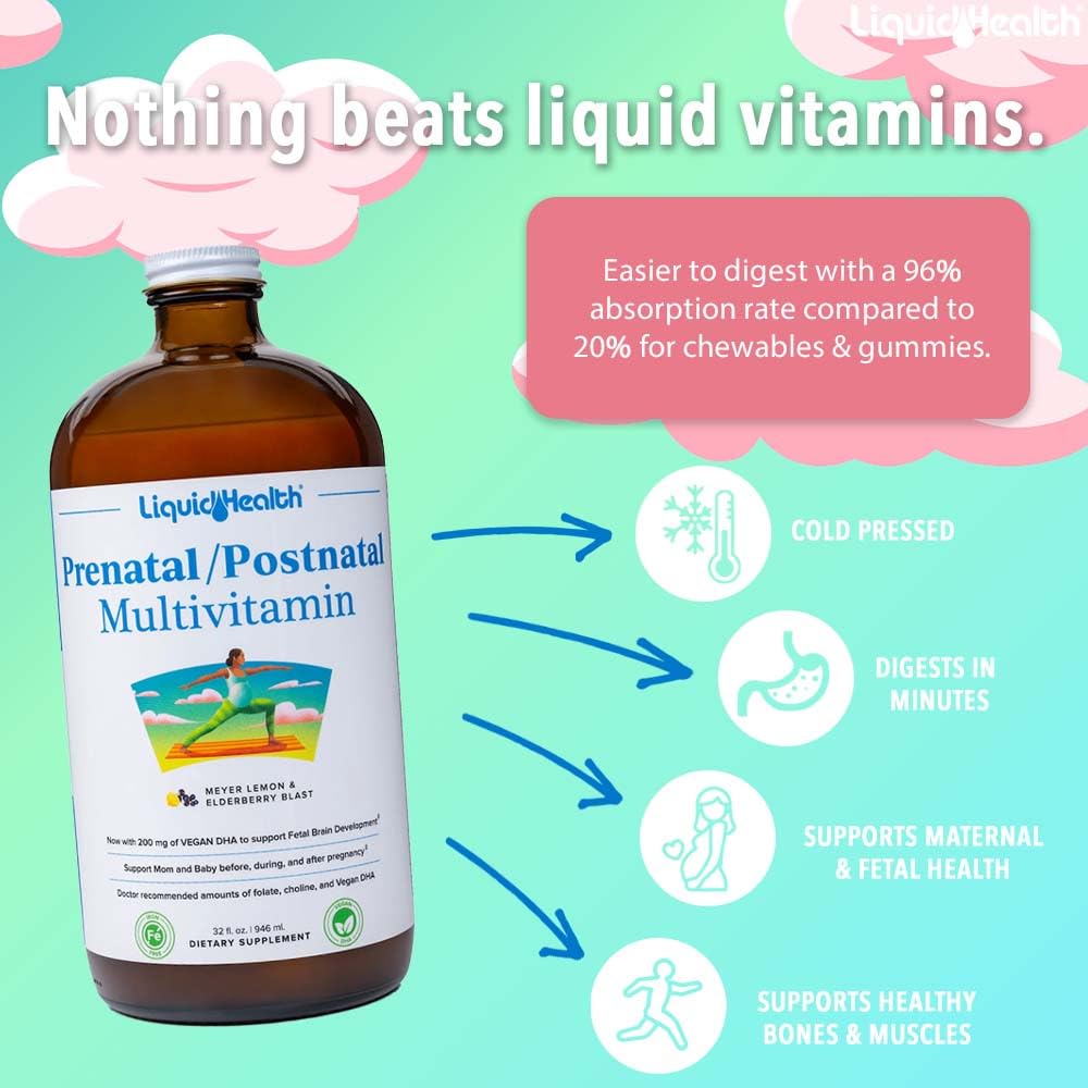 LIQUIDHEALTH Prenatal/Postnatal Multiple Liquid Women's Multivitamin with Real Folate - Pre & Postnatal Vitamins for Before, During, After Pregnancy - Vegan, Sugar-Free, Non GMO, Great Taste (32 oz)
