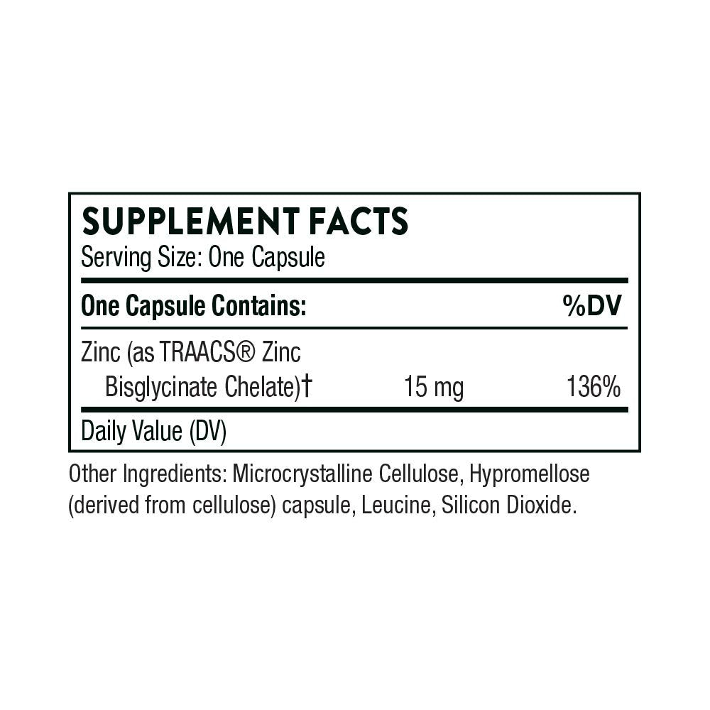 Thorne Zinc Bisglycinate 15mg - Daily Support for Skin, Eye & Immune System Health with Zinc Supplement Capsules - 60 Capsules