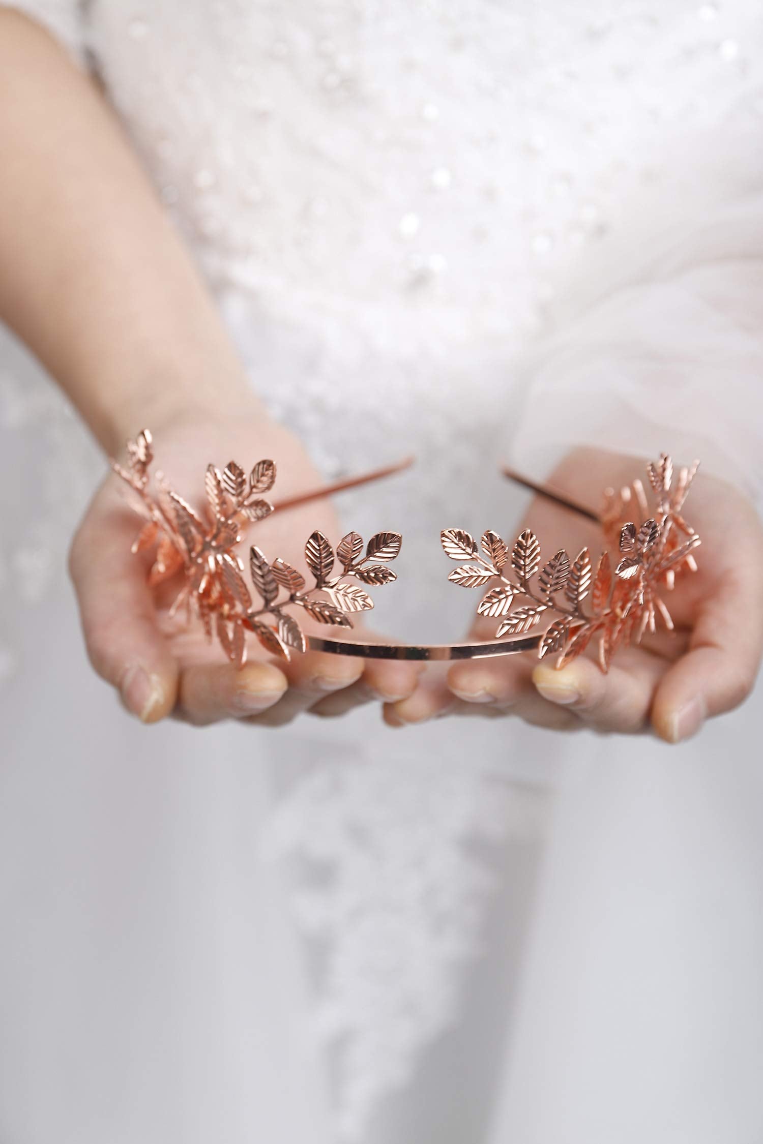 fxmimior Handmade Bridal Wedding Crown Leaf Headband Women Crystal Tiara Headpiece Wedding Hair Accessories for Women (rose gold)