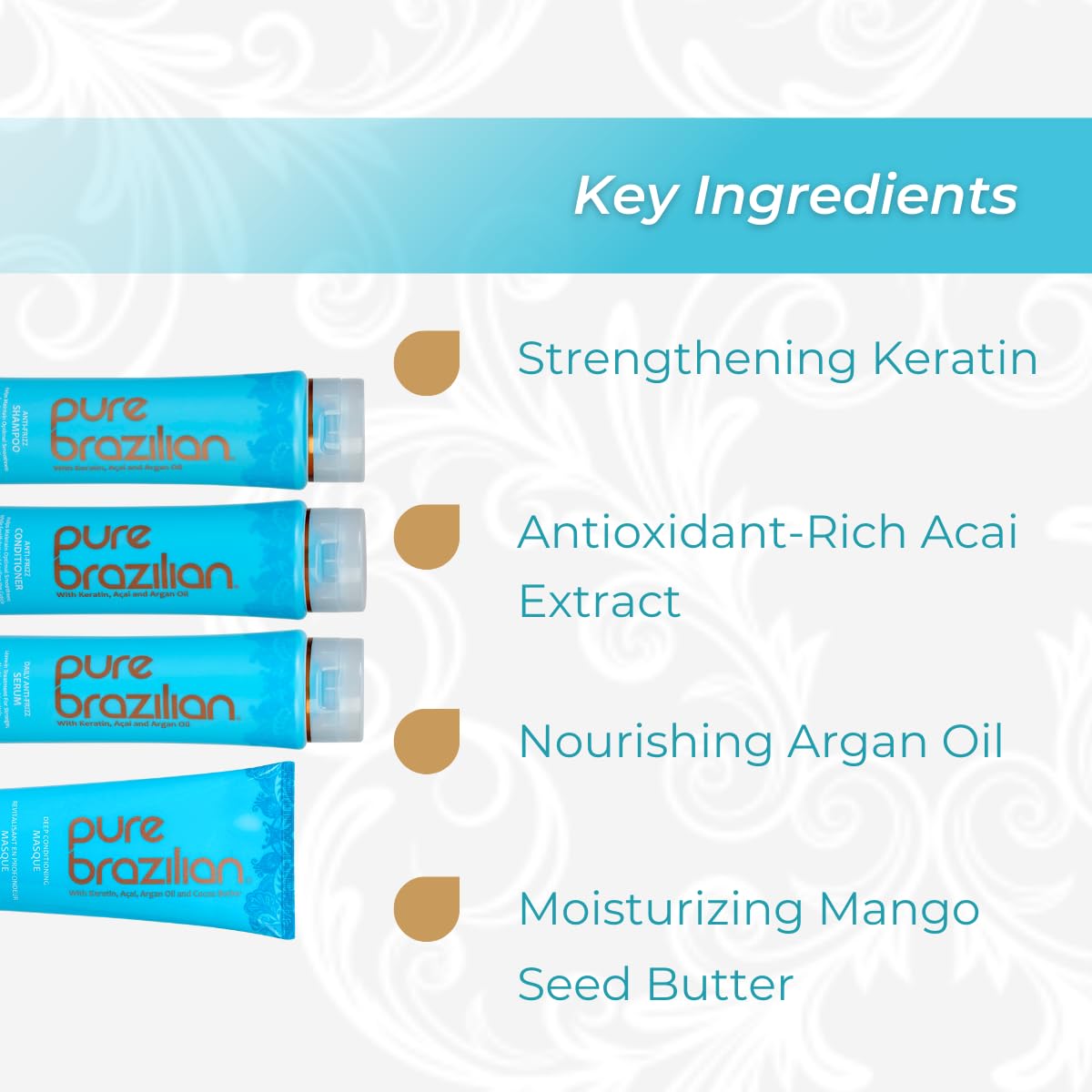 pure brazilian - 4 piece essential home care kit - anti frizz serum, shampoo, conditioner, and deep conditioning masque- with keratin, argan oil, and acai