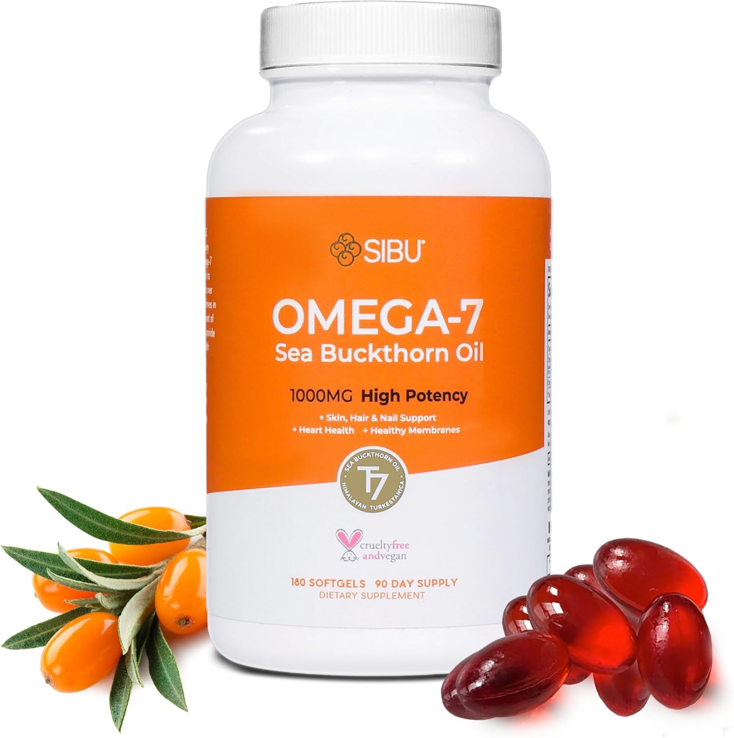 sibu Omega-7 Softgels, Premium Organic Himalayan Sea Buckthorn Oil (180ct, 90 Day Supply) – Supplement for Healthy Skin, Hair, Nails and Dryness