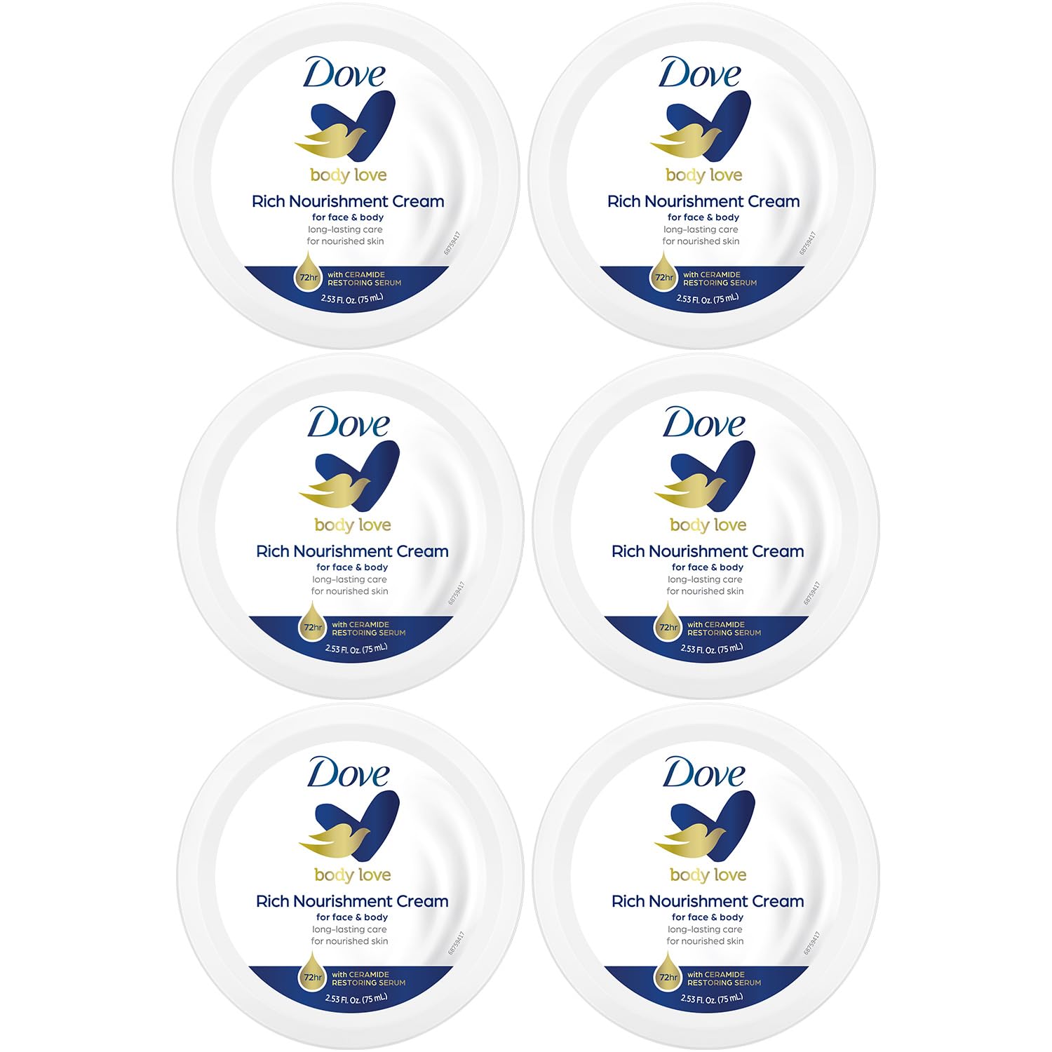 Dove Body Love Rich Nourishment Cream, Face, Hand & Body Lotion for Extremely Dry Skin, Fast-Absorbing 72-Hour Moisturizing Cream with Ceramide Serum, Travel Size, 2.53 Oz (Pack of 6)