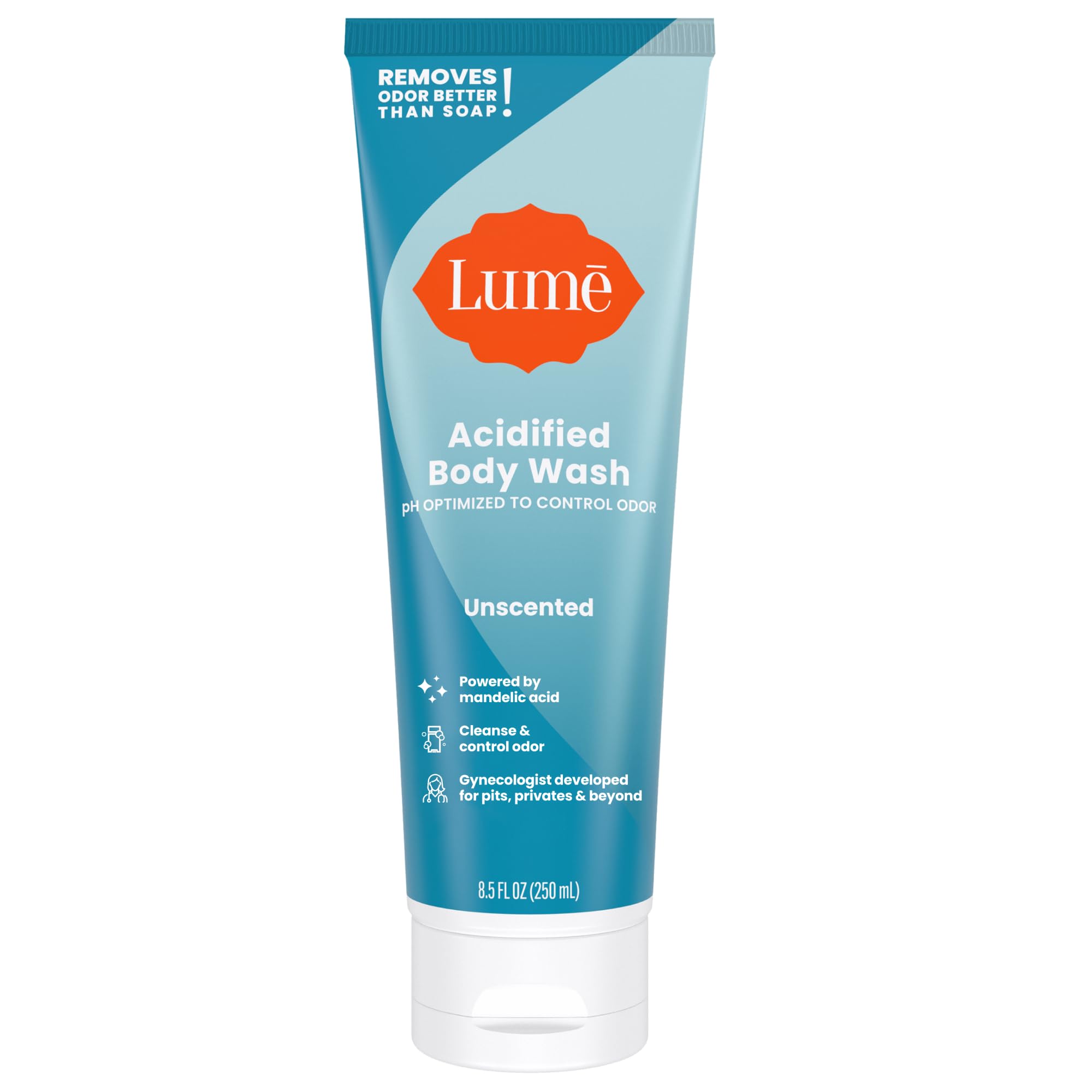 Lume Acidified Body Wash - 24 Hour Odor Control - Removes Odor Better than Soap - Moisturizing Formula - Formulated Without SLS or Parabens - OB/GYN Developed - 8.5 ounce (Unscented)