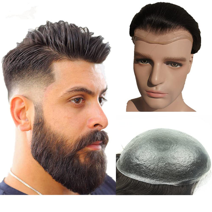 PU Skin Toupee for Men, N.L.W. European Human Hair Pieces for Men with 10 x 8 PU Thin 0.04cm Skin, 1B Off Black