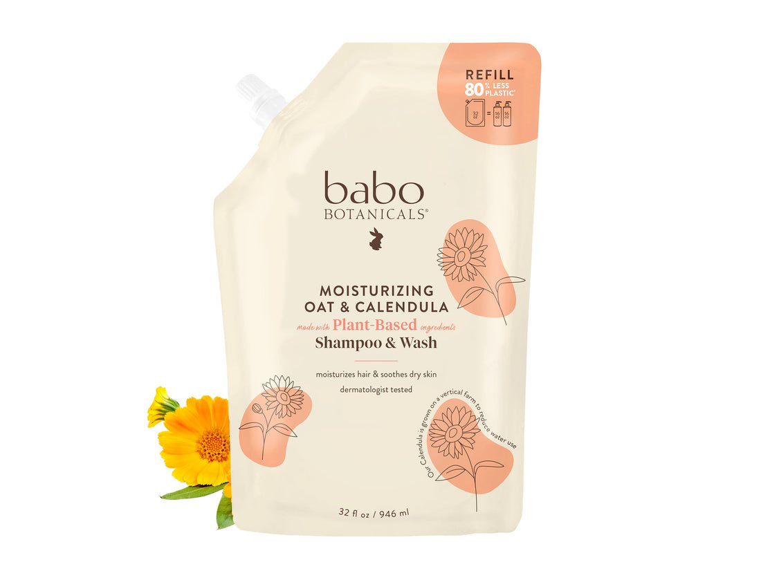 Babo Botanicals Moisturizing Oat & Calendula 2-in-1 Shampoo & Wash - for Dry or Sensitive Skin - for All Ages - Lightly Scented - Vegan - Refill pouch 32 fl.oz.