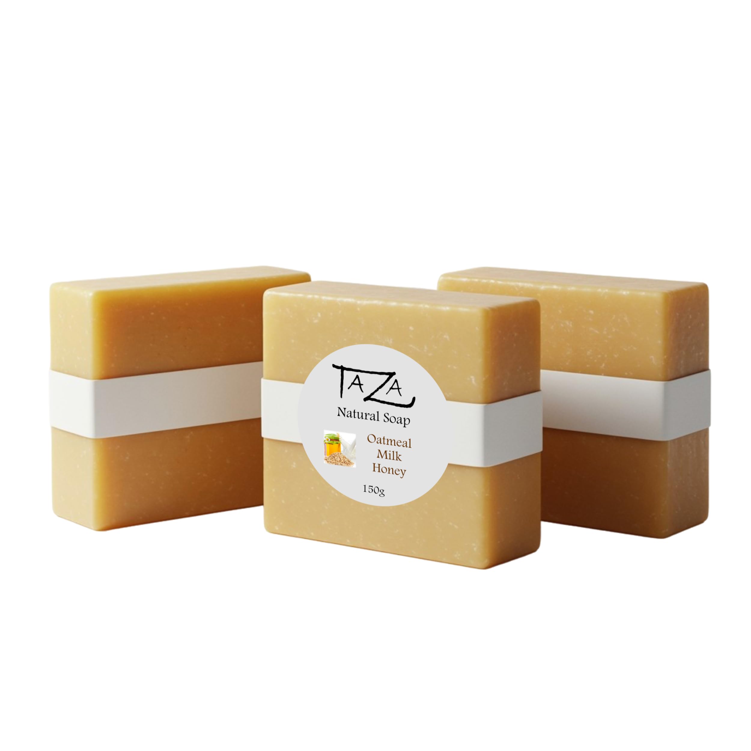 Taza Premium Oatmeal Milk & Honey Natural Soap (Pack of 3) ea. 5.3 oz (150 g) Radiant Skin Contains: Coconut, Olive, and Palm Fruit Oils, Shea Butter, Kaolin Clay, Oats, Honey, Goats Milk