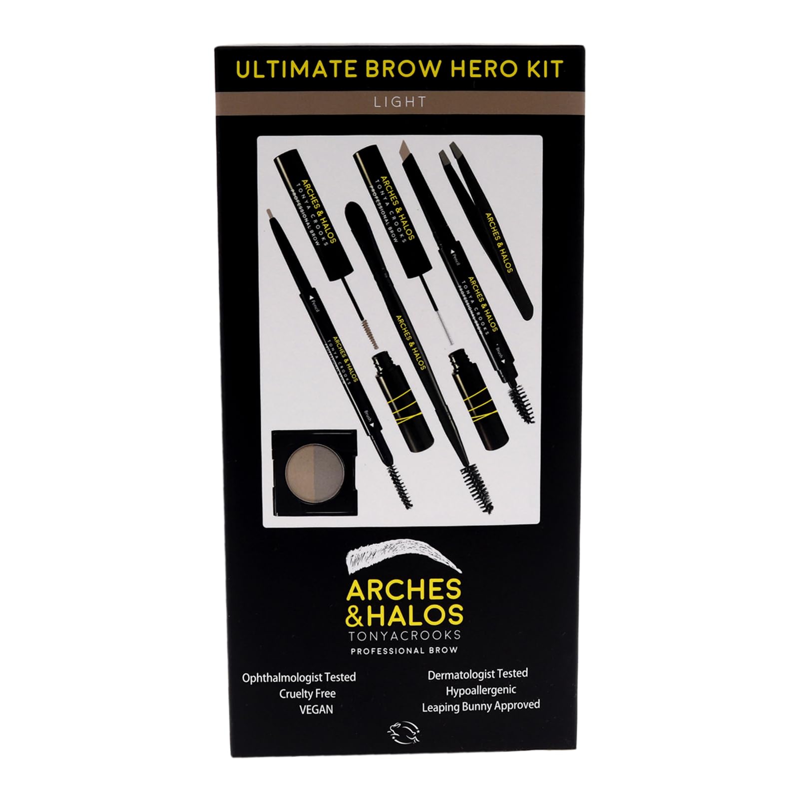 Arches and Halos Ultimate Hero Eyebrow Styling Makeup Kit, Pencil, Gel, Shading, Powder, Mousse, Natural & Bold Precise Brow Shaper, Hypoallergenic, Vegan, Light, Brown, 7 Count
