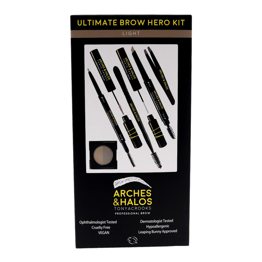 Arches and Halos Ultimate Hero Eyebrow Styling Makeup Kit, Pencil, Gel, Shading, Powder, Mousse, Natural & Bold Precise Brow Shaper, Hypoallergenic, Vegan, Light, Brown, 7 Count