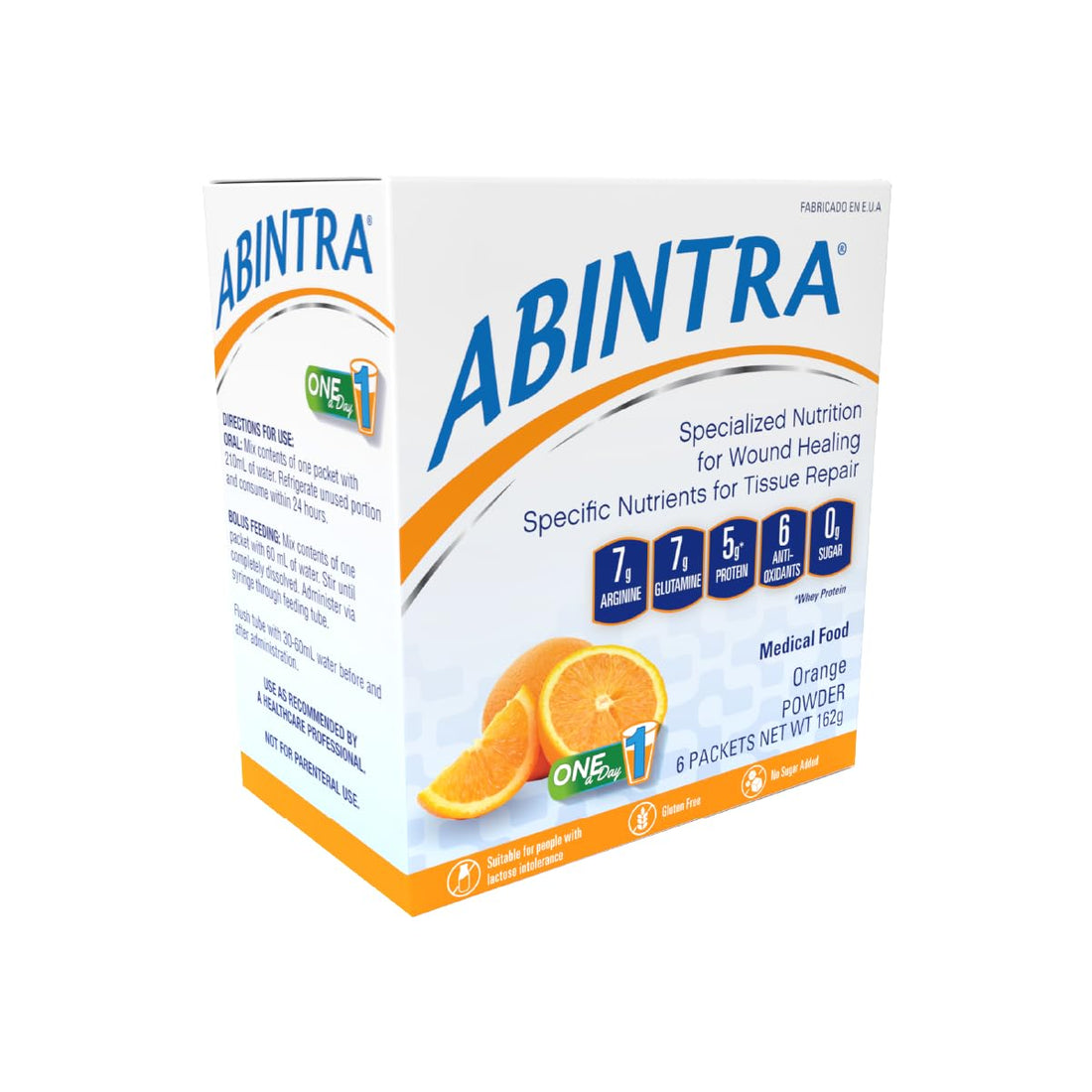 ABINTRA Specialized Wound Healing Nutritional Supplement includes L-Arginine, L-Glutamine, Whey Protein, Vitamins and Minerals, Orange Flavor, 6 Packets, 27g Each, Made in The USA