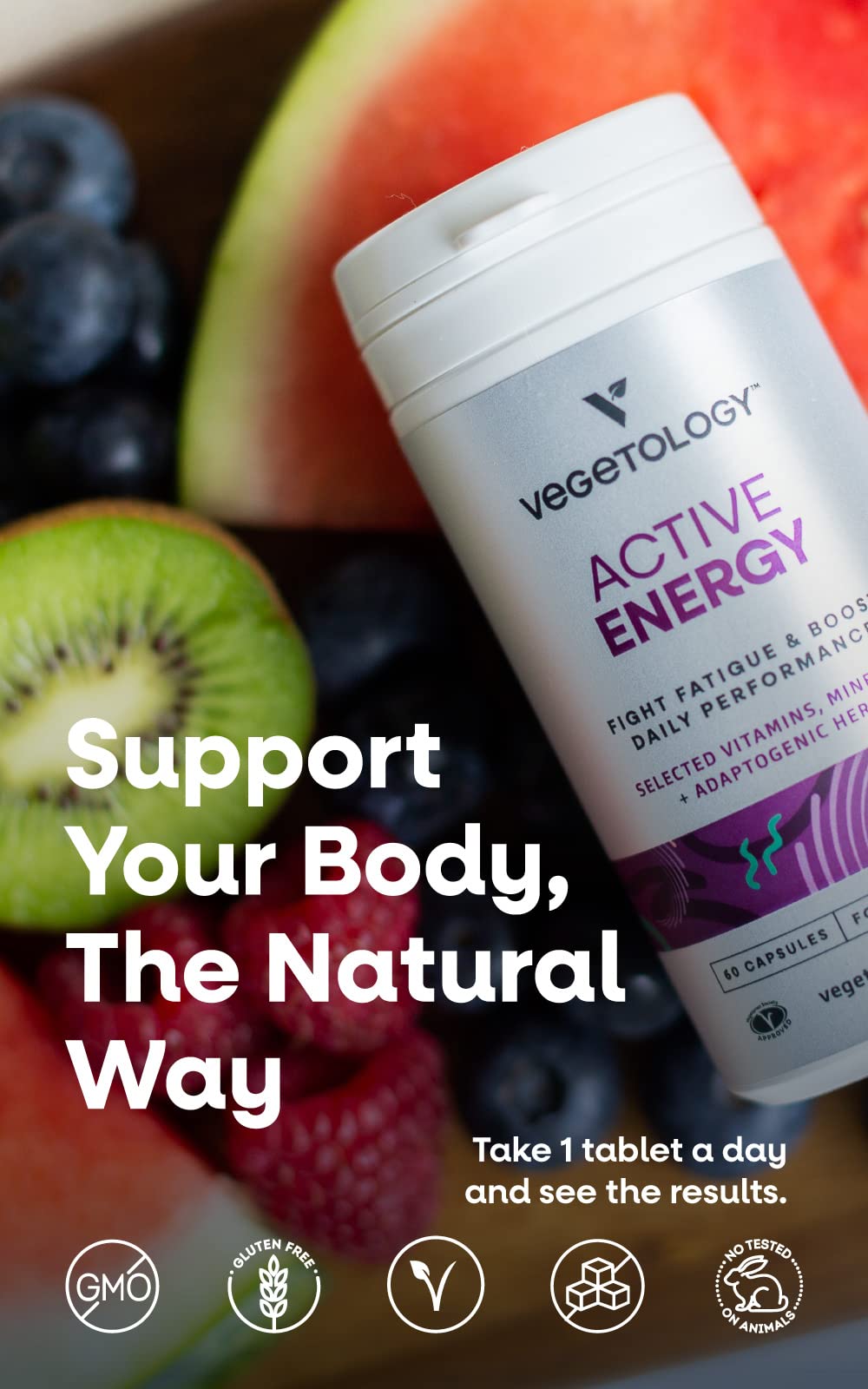 VEGETOLOGY Active Energy Supplements – Fatigue-Fighting C & B Vitamin Supplements – Vitamin Supplement w/Folate, Iron & Adaptogenic Herbs – Caffeine-Free Multivitamin Capsules (60 Counts)