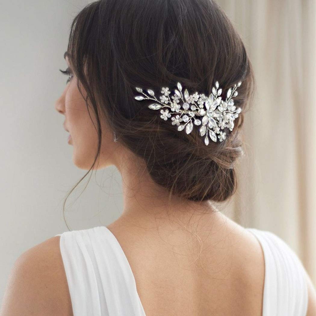 Unsutuo Crystal Bride Wedding Hair Comb Silver Rhinestone Flower Bridal Hair Pieces Pearl Wedding Hair Accessories for Women and Girls… (Silver)