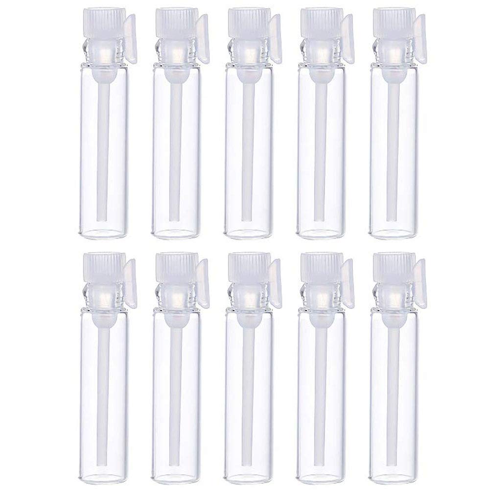 Teensery 100 Pcs Empty Perfume Sample Bottles Mini Glass Refillable Sample Vial Containers with Clear Cap for Aromatherapy, Essential Oil, Fragrance and Liquid (1ml)
