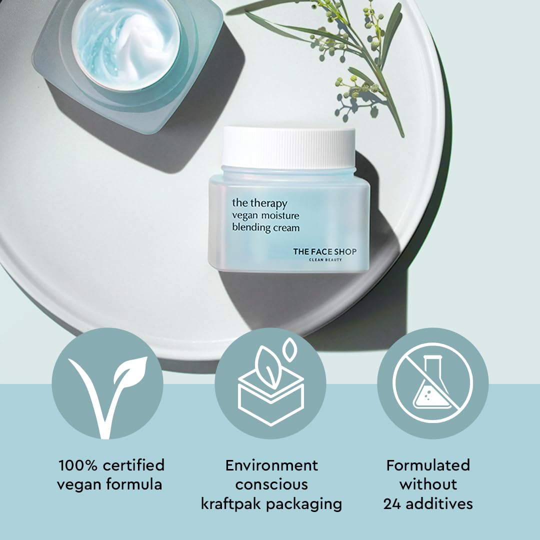 THE FACE SHOP The Therapy Vegan Moisture Blending Cream | Vegan Moisturizer | Cooling | Hydrating | Skin-Friendly | 2-in-1 Gel & Cream | K-Beauty