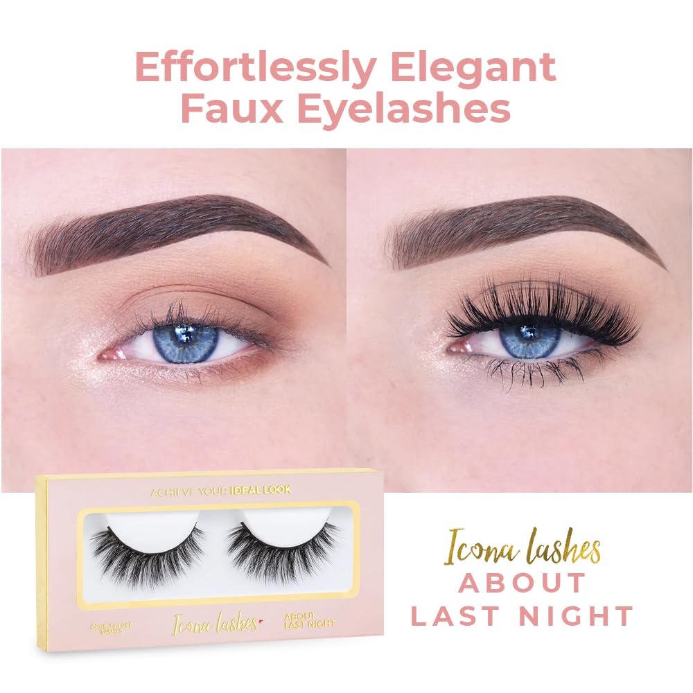 Icona Lashes Premium Quality False Eyelashes | About Last Night | Full & Luxurious | Non-Magnetic | Natural Look and Feel | Reusable | 100% Handmade & Cruelty-Free | Signature Packaging