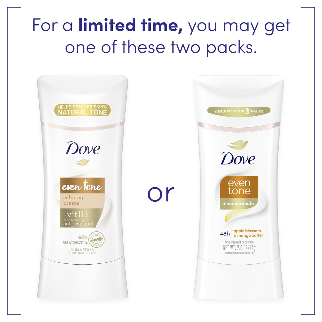 Dove Even Tone Antiperspirant Deodorant for Uneven Skin Tone Calming Breeze Sweat Block for All-Day Fresh Feeling 2.6 oz 3 Count