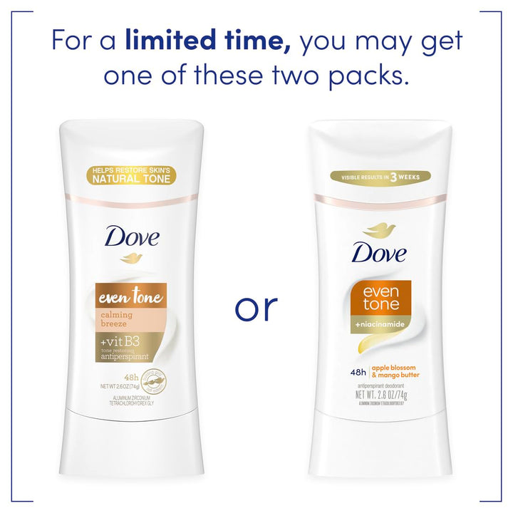 Dove Even Tone Antiperspirant Deodorant for Uneven Skin Tone Calming Breeze Sweat Block for All-Day Fresh Feeling 2.6 oz 3 Count