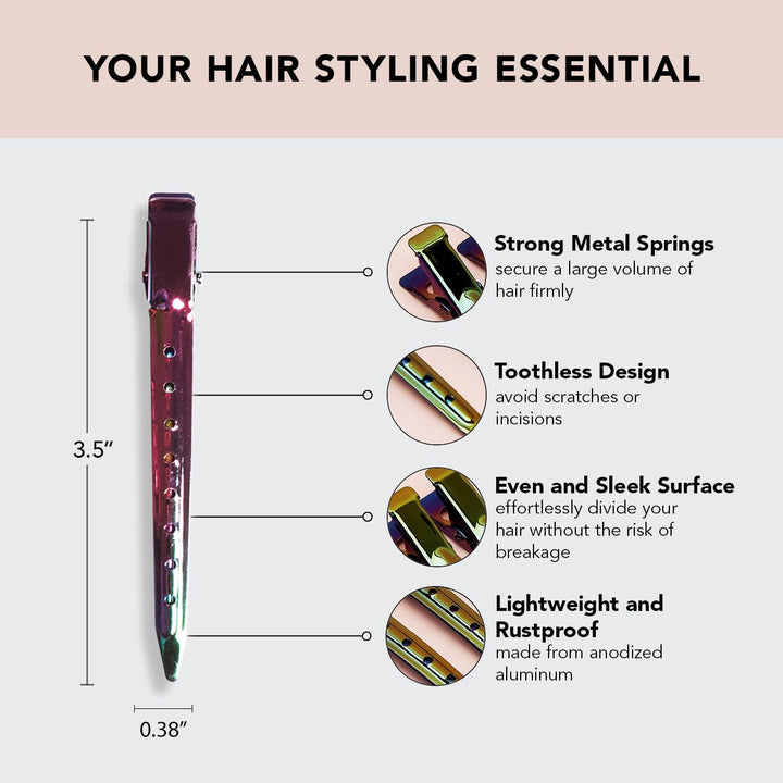 Kitsch Pro Styling Clip, 3.5 Inch Professional Strength Anodized Aluminum Hair Clips, 6 Count (Iridescent)