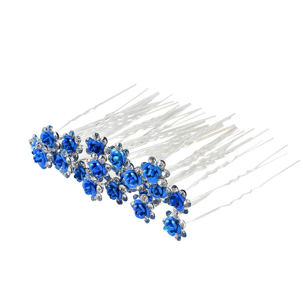 Royal Blue Set: Insowni 40Pcs Bridal Wedding Rhinestone Rose Flower U-Shaped Hair Pins & 6Pcs Twist Pearl Hairpins Headpiece Set In Gift Box For Women Girls Bridesmaid (Royal Blue