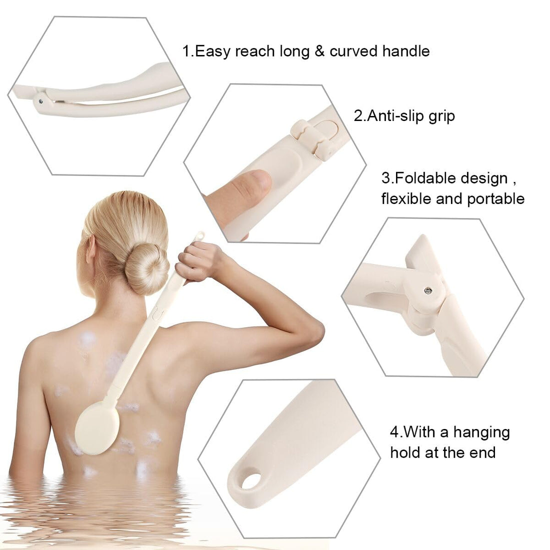 LFJ Bath Body Brush Set with Long Handle, 3 in 1 Foldable Shower Brush Back Scrubber with Brush Sponge Pumice Head for Bath and Shower, Exfoliating or Dry Skin Brushing