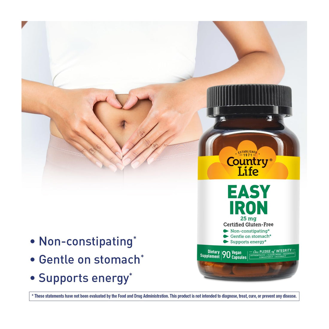 Country Life Easy Iron 25mg Capsules - Gentle Non-Constipating Ferrochel - Vegan Vitamin Supplement for Women & Men - Supports Body Energy - Multivitamin with Iron