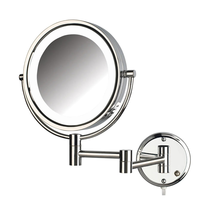 Jerdon Two-Sided Wall-Mounted Makeup Mirror with Lights - Lighted Makeup Mirror with 8X Magnification & Wall-Mount Arm - 8.5-inch Diameter Mirror with Chrome Finish Wall Mount - Model HL88CL