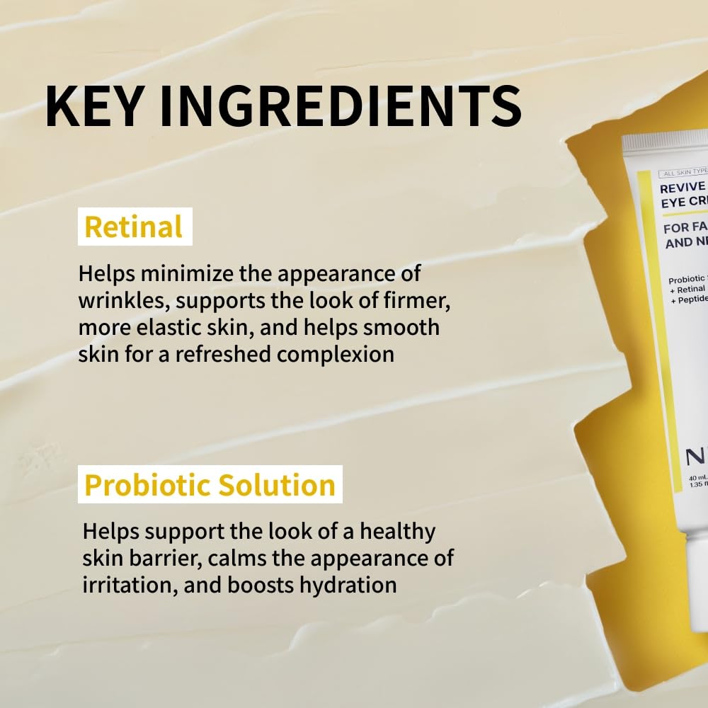 NIDA Revive Eye Cream For Face And Neck | Probiotic Solution, Retinal, Peptide | Wrinkles, Fine Lines, Cell Turnover, Firm Skin Texture, Radiant Skin, Moisture Retention | 1.35 fl. oz., 40ml