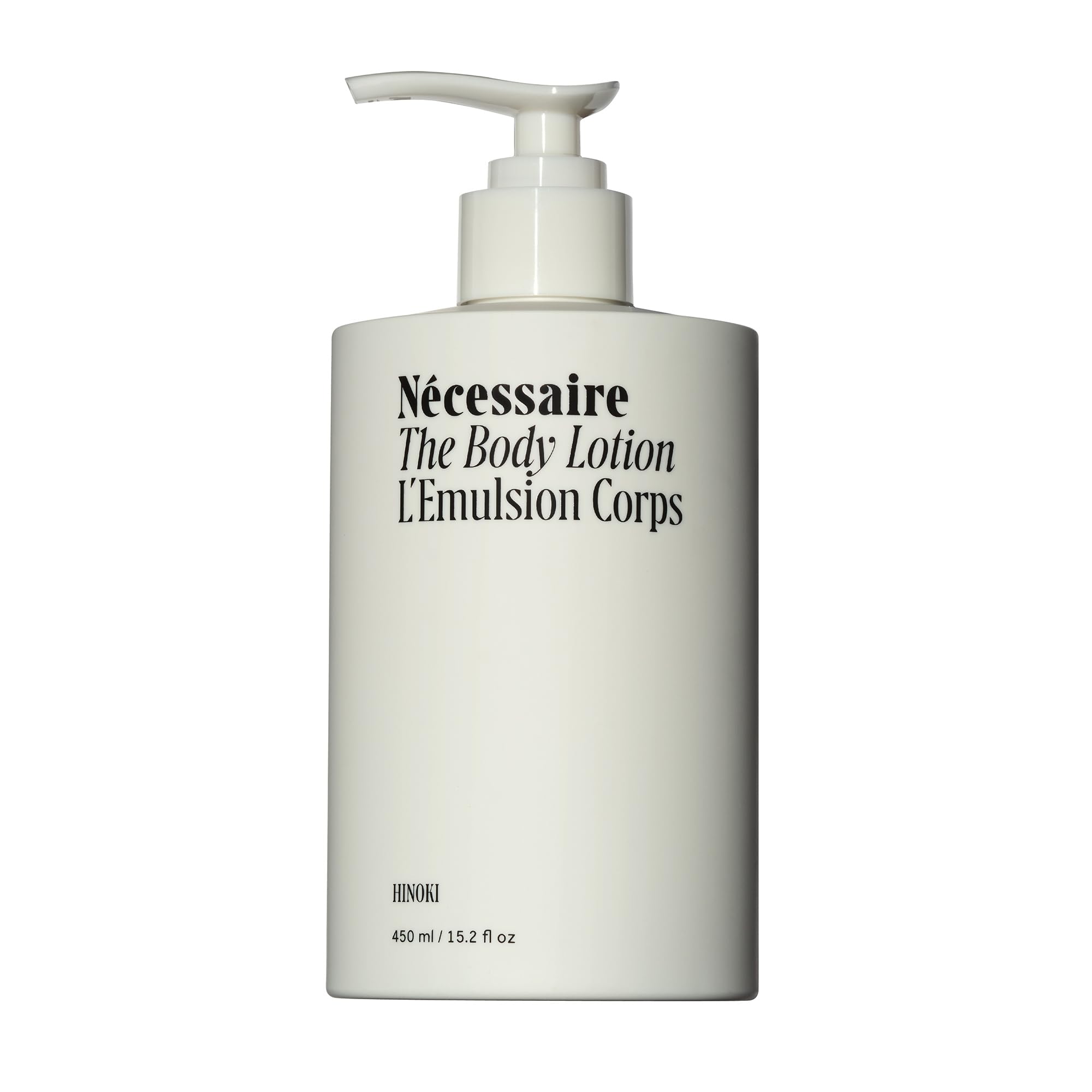 Nécessaire The Body Lotion with Pump. Hinoki. Multi-Peptide Firming Lotion to Moisturize, Firm, Strengthen. 2.5% Niacinamide, Vitamin C/E + Omega 6/9. 450ml / 15.2 fl oz