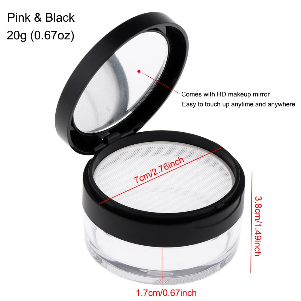 AKOAK 2 Pcs Capacity 20 ml(0.67 oz) Empty Reusable Plastic Loose Powder Compact Container DIY Makeup Powder Case with Sponge Powder Puff,Mirror and Elasticated Net Sifter (Large mesh face)