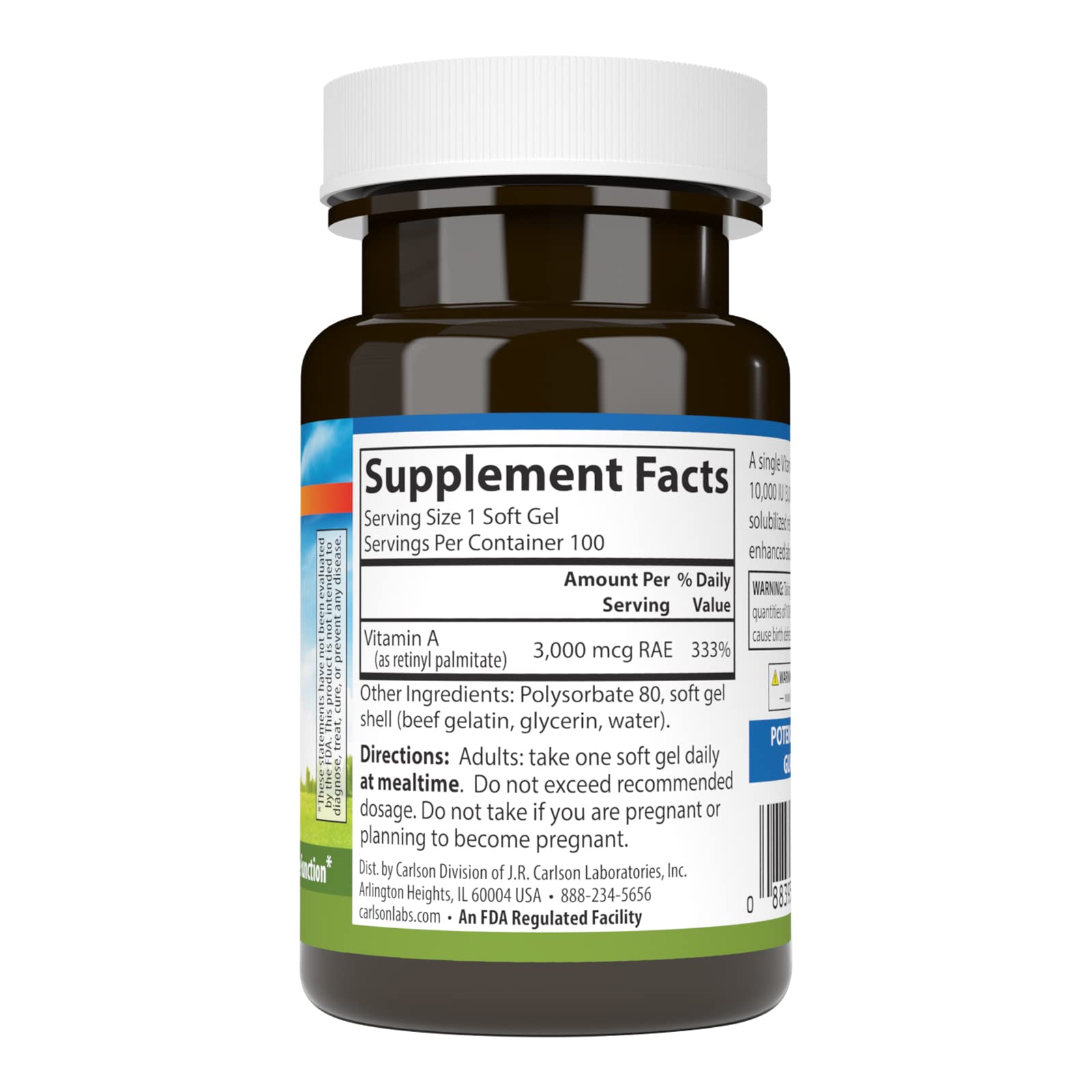 Carlson - Vitamin A Solubilized, 10000 IU (3000 mcg RAE), Water Soluble, Vision Health, 100 Softgels