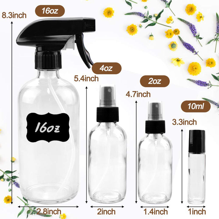Glass Spray Bottles Kits, BonyTek Empty 12 10 ml Roller Bottles, 12 Clear Essential Oil Bottle (2 x 16oz,2 x 4oz,8 x 2oz) with Labels for Aromatherapy Cleaning Products