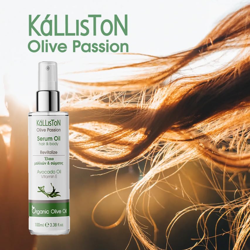 Kalliston Revitalizing Hair and Body Serum Oil with Organic Olive oil, Avocado Oil, Almond Oils and Vitamin E, Violet and Jasmine, Vanilla Scent, 100 ml (3.38 oz) Spray bottle, Clear