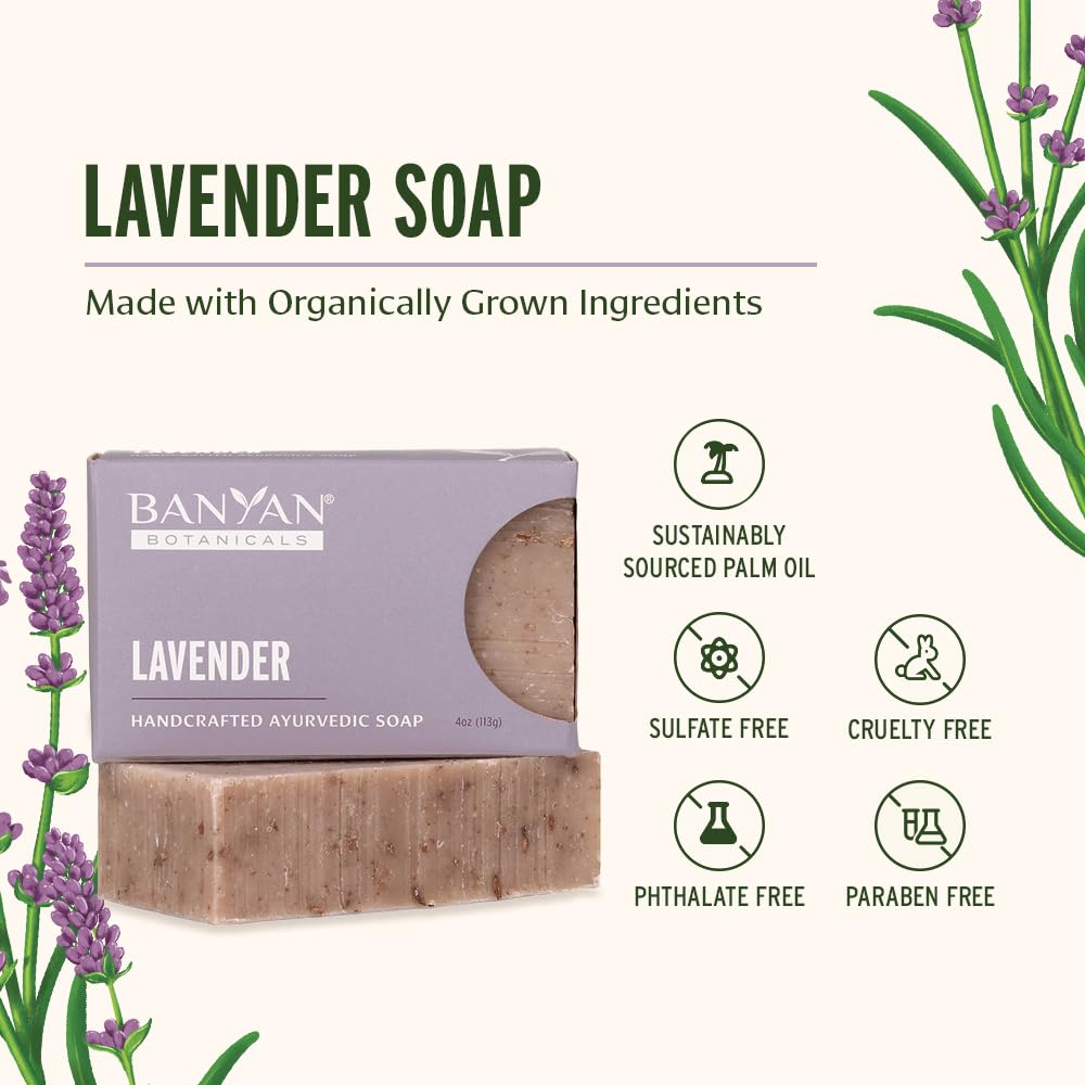 Banyan Botanicals Lavender Soap – Ayurvedic Bar Soap with Rosemary & Lavender Essential Oil – Soothing & Relaxing for a Spa-Like Experience – 4 oz Bar – Free of Sulfates, Phthalates & Parabens